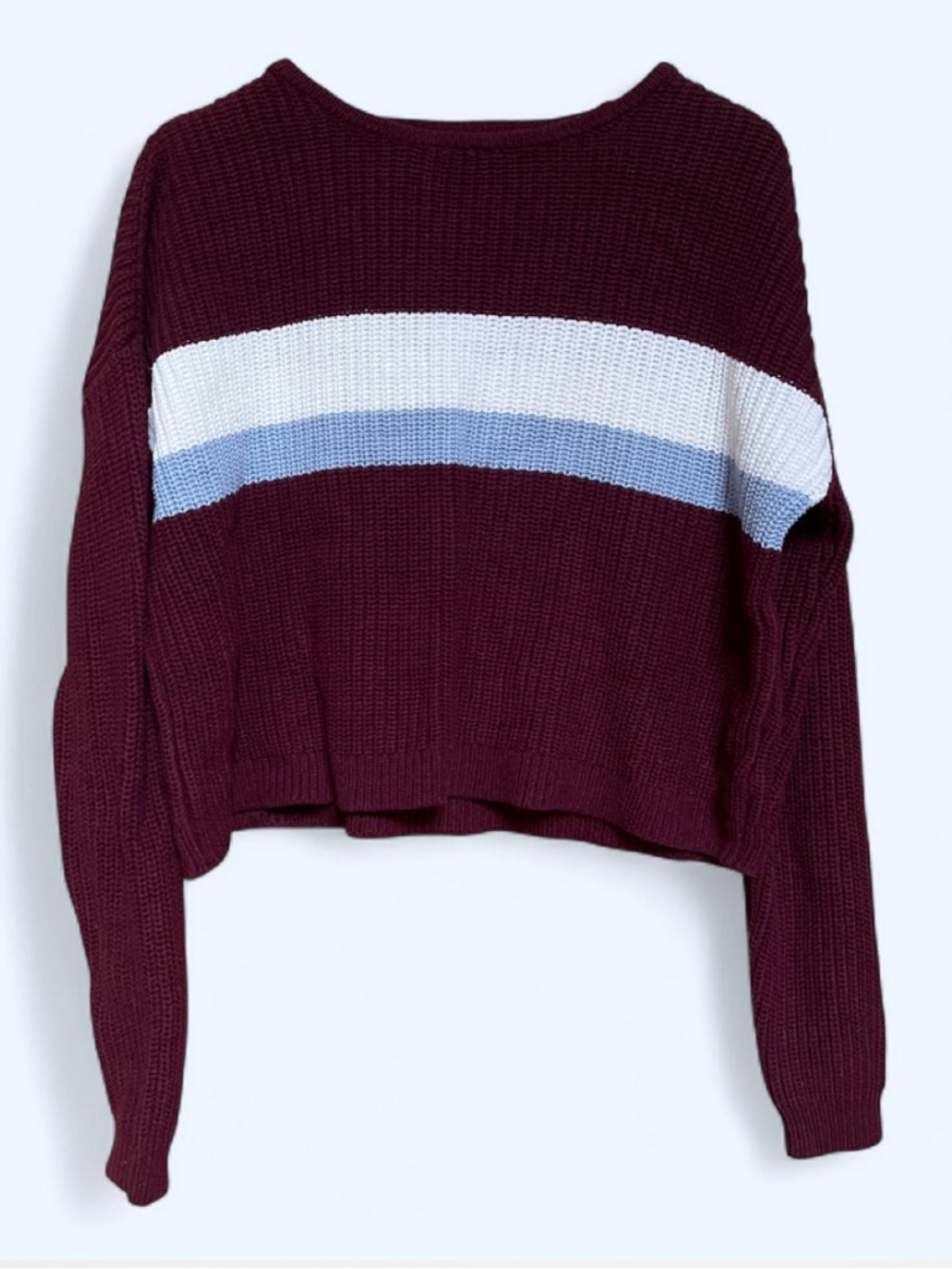Burgundy chunky knit cropped sweater with stripes in white and light blue